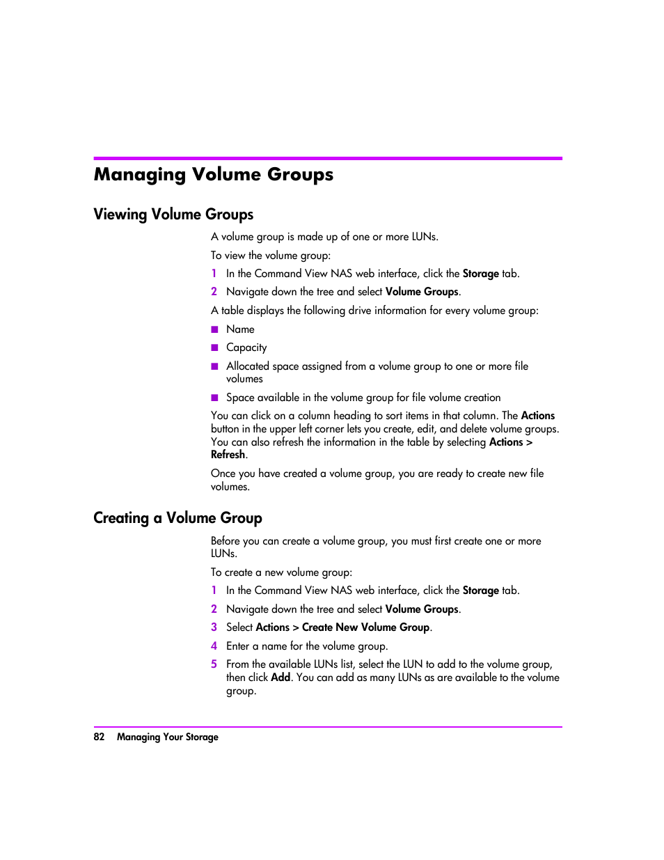 Managing volume groups, Viewing volume groups, Creating a volume group | Managing volume groups 82, Creating a volume group” on | HP StorageWorks 8000 NAS User Manual | Page 84 / 240