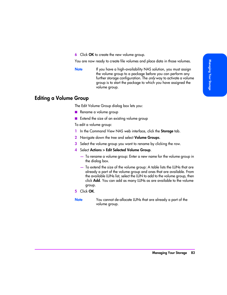 Editing a volume group, Editing a volume group 83 | HP StorageWorks 8000 NAS User Manual | Page 85 / 240