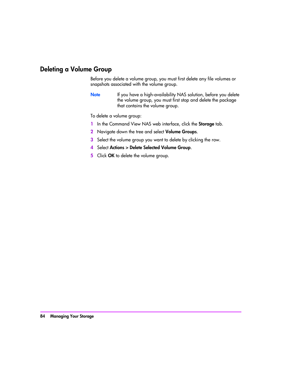Deleting a volume group, Deleting a volume group 84 | HP StorageWorks 8000 NAS User Manual | Page 86 / 240