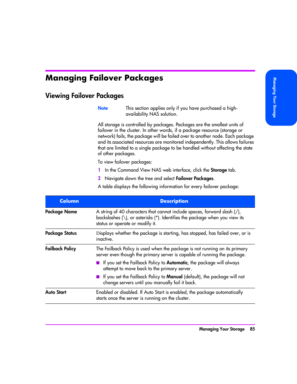 Managing failover packages, Viewing failover packages, Managing failover packages 85 | Viewing failover packages 85 | HP StorageWorks 8000 NAS User Manual | Page 87 / 240