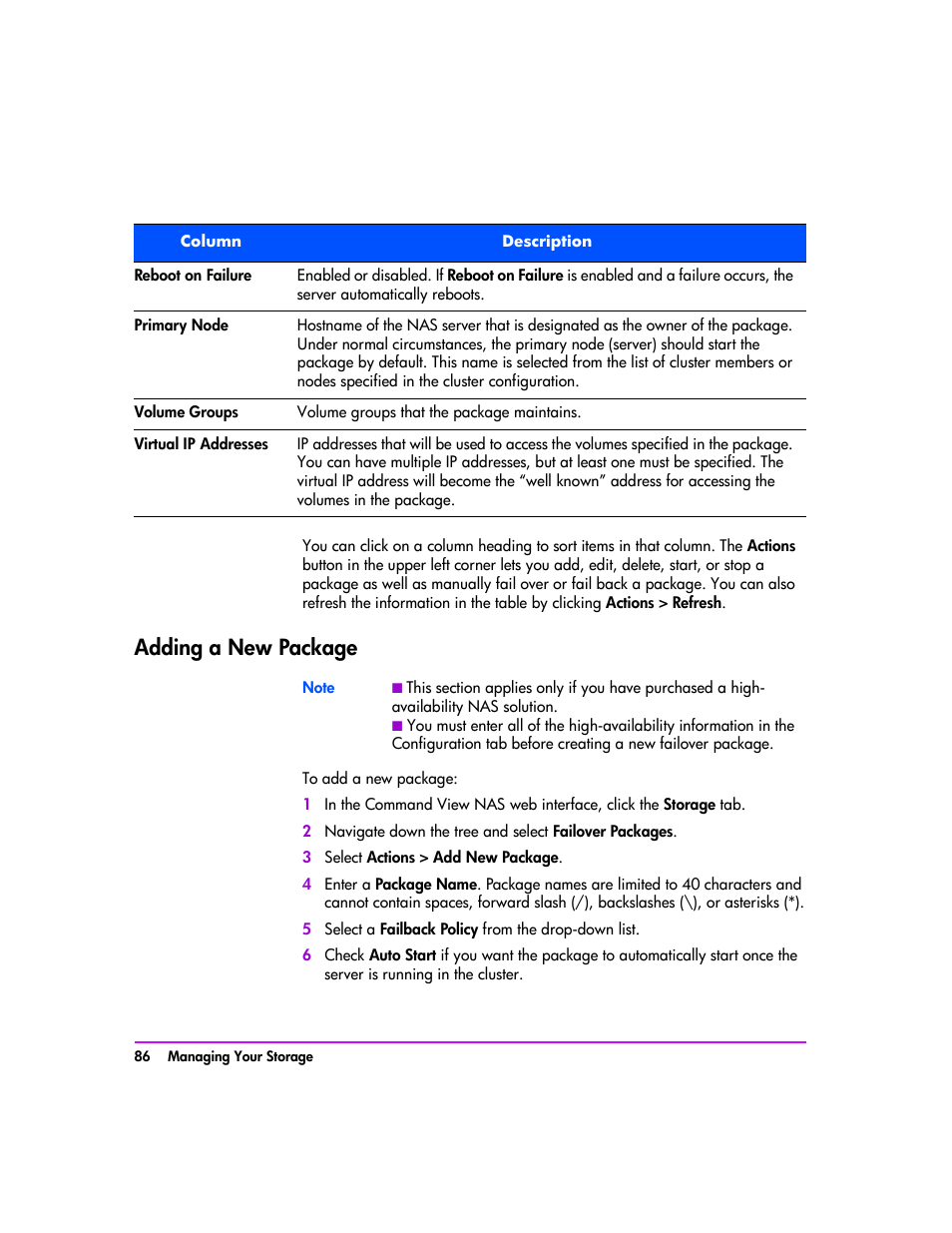 Adding a new package, Adding a new package 86, Adding a new package” on | E “adding | HP StorageWorks 8000 NAS User Manual | Page 88 / 240