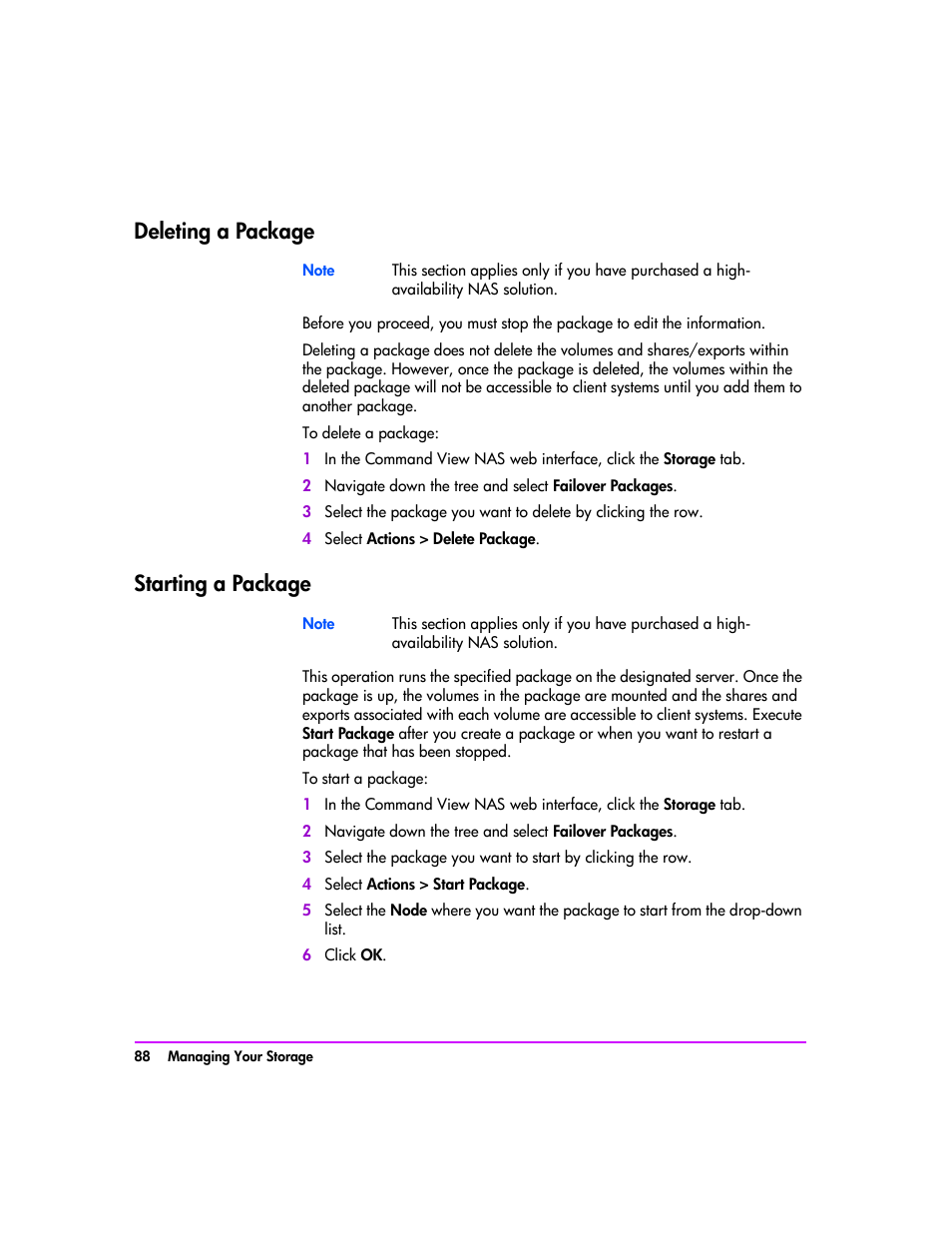Deleting a package, Starting a package, Deleting a package 88 starting a package 88 | Starting a | HP StorageWorks 8000 NAS User Manual | Page 90 / 240