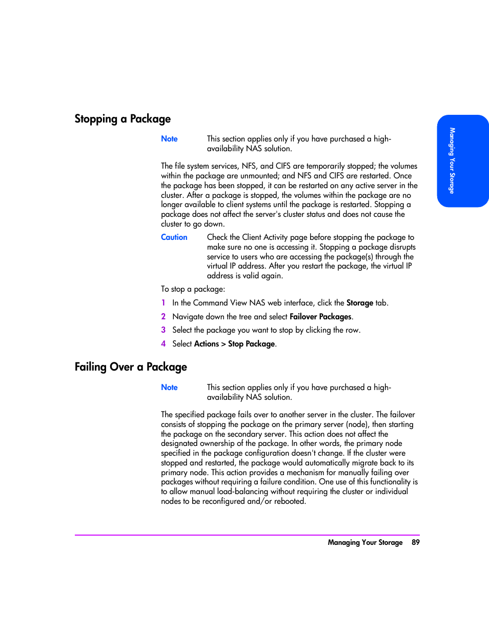 Stopping a package, Failing over a package, Stopping a package 89 failing over a package 89 | HP StorageWorks 8000 NAS User Manual | Page 91 / 240