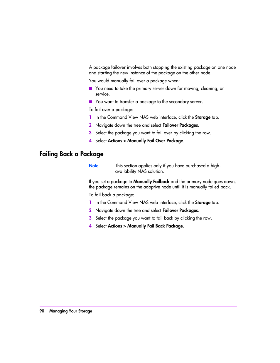 Failing back a package, Failing back a package 90 | HP StorageWorks 8000 NAS User Manual | Page 92 / 240