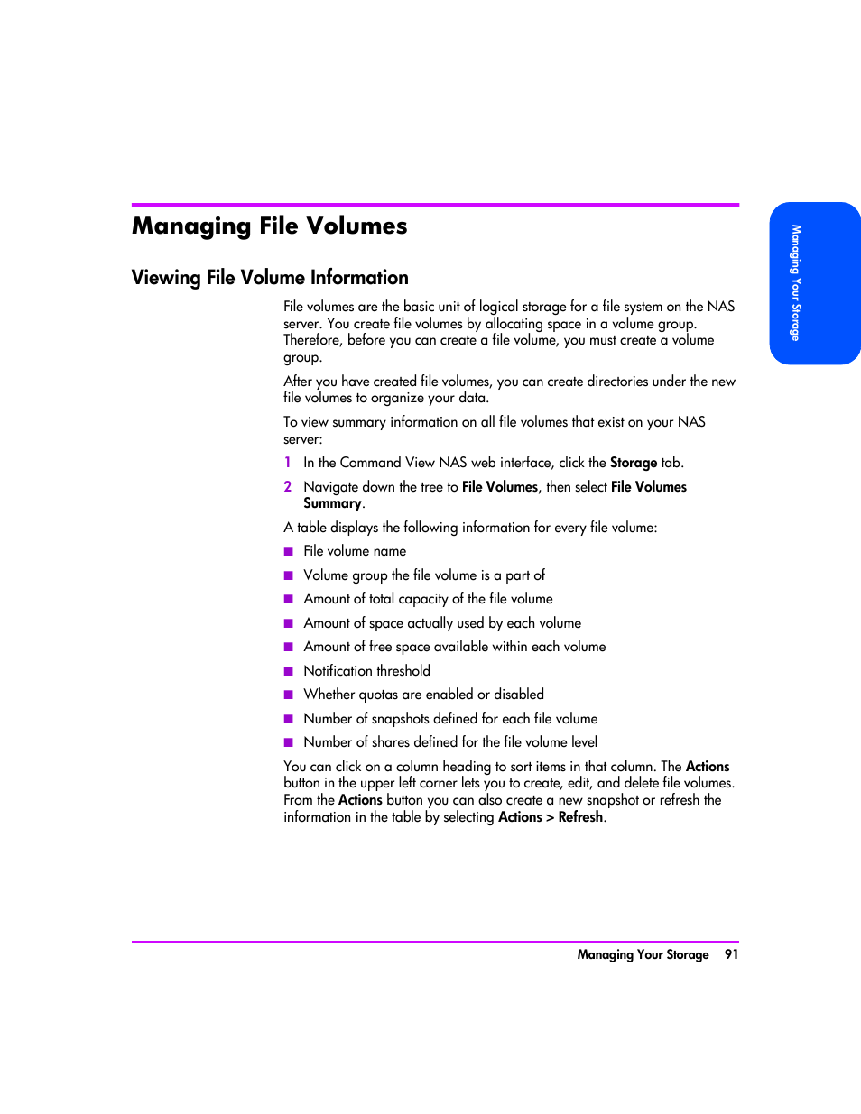 Managing file volumes, Viewing file volume information, Managing file volumes 91 | Viewing file volume information 91 | HP StorageWorks 8000 NAS User Manual | Page 93 / 240