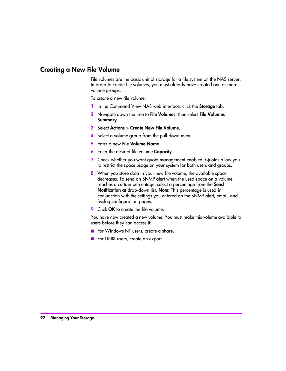 Creating a new file volume, Creating a new file volume 92 | HP StorageWorks 8000 NAS User Manual | Page 94 / 240