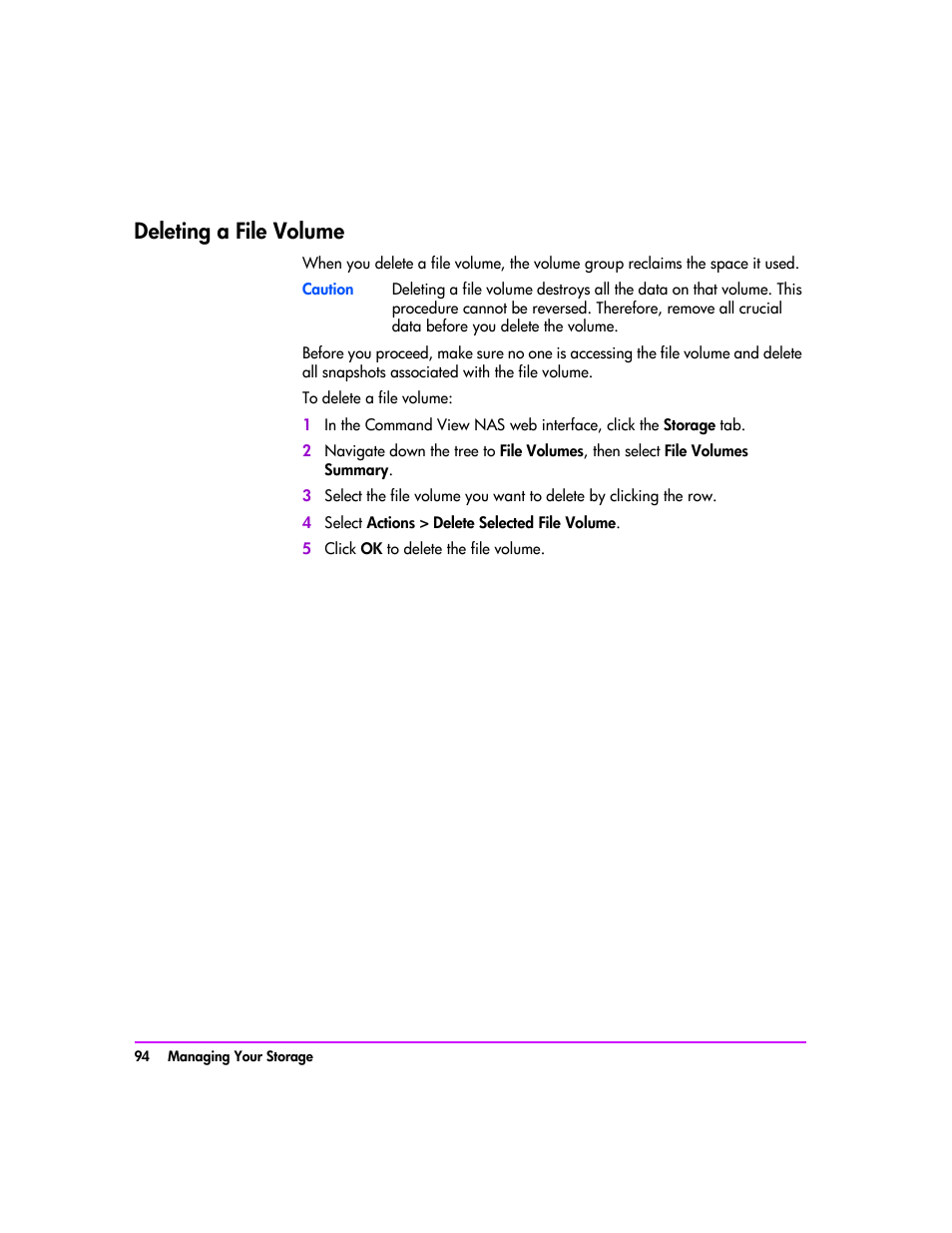 Deleting a file volume, Deleting a file volume 94 | HP StorageWorks 8000 NAS User Manual | Page 96 / 240