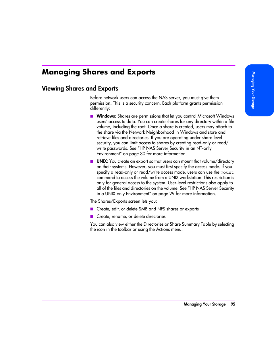 Managing shares and exports, Viewing shares and exports, Managing shares and exports 95 | Viewing shares and exports 95 | HP StorageWorks 8000 NAS User Manual | Page 97 / 240