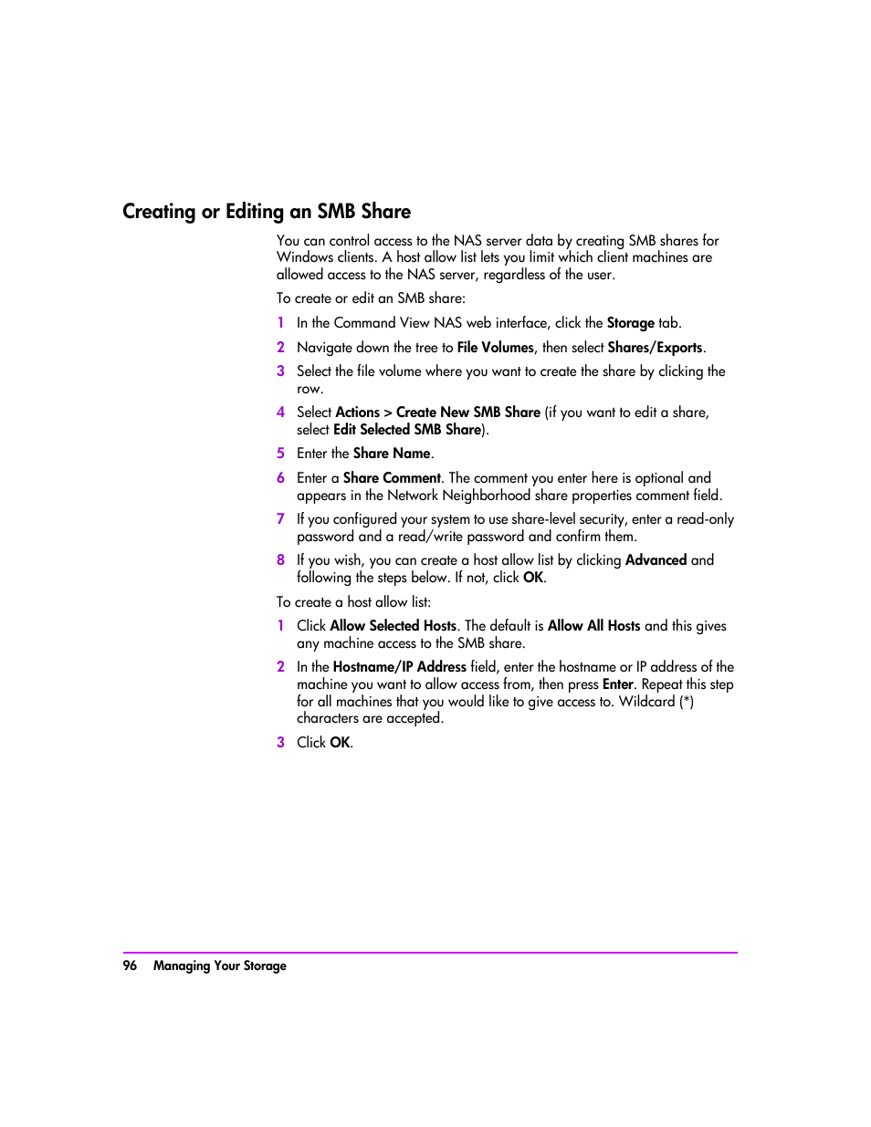 Creating or editing an smb share, Creating or editing an smb share 96, Creating | HP StorageWorks 8000 NAS User Manual | Page 98 / 240