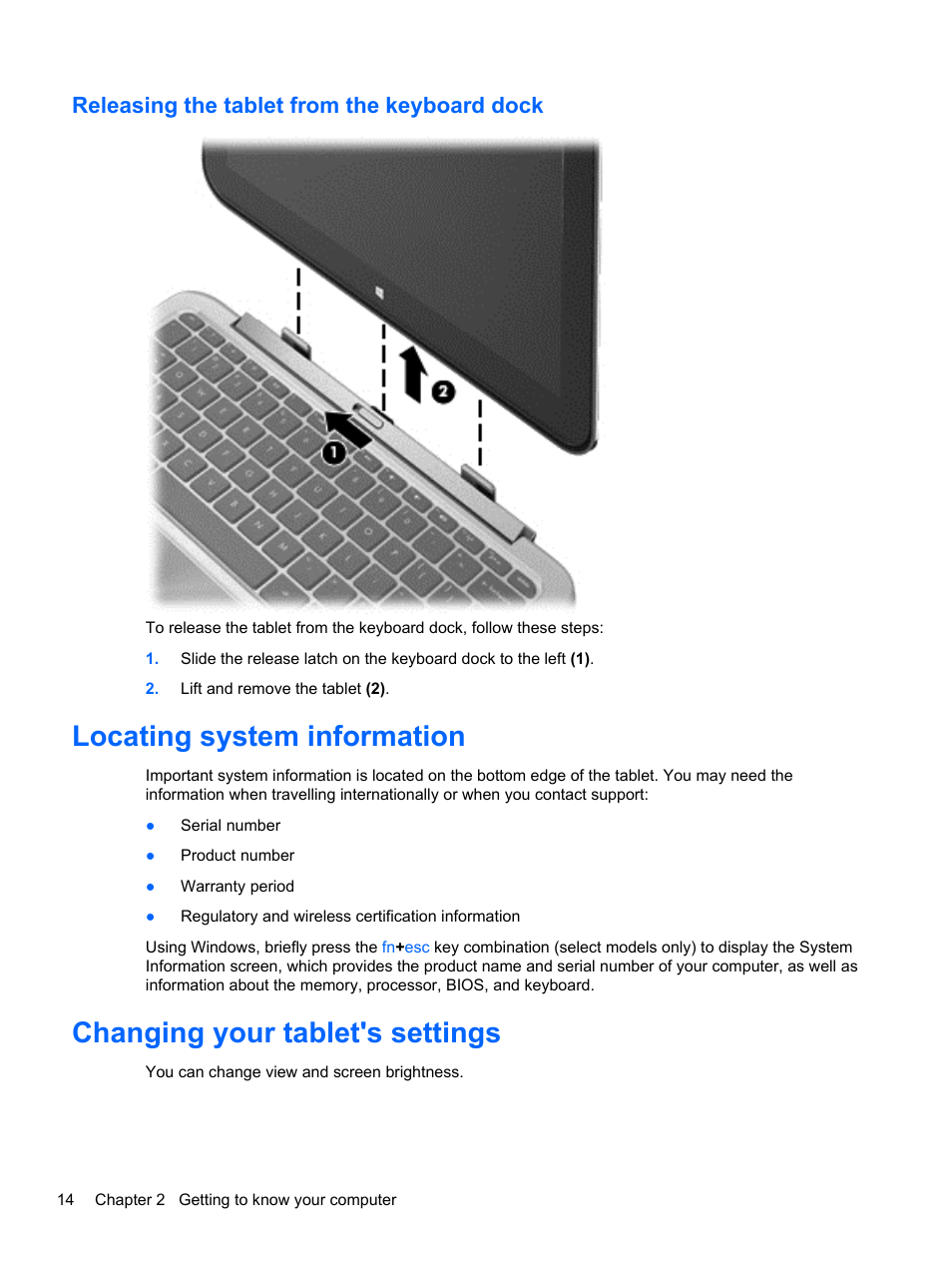 Releasing the tablet from the keyboard dock, Locating system information, Changing your tablet's settings | HP ENVY x2 CTO 11t-g000 User Manual | Page 22 / 79