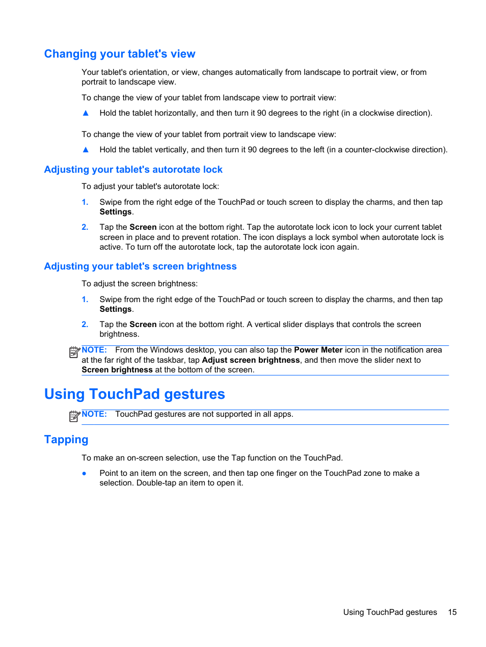 Changing your tablet's view, Adjusting your tablet's autorotate lock, Adjusting your tablet's screen brightness | Using touchpad gestures, Tapping, Text. see | HP ENVY x2 CTO 11t-g000 User Manual | Page 23 / 79