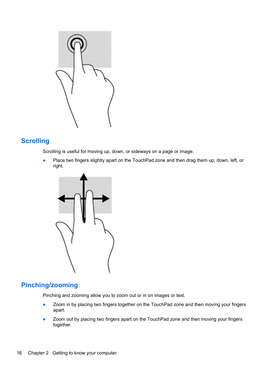 Scrolling, Pinching/zooming, Scrolling pinching/zooming | HP ENVY x2 CTO 11t-g000 User Manual | Page 24 / 79