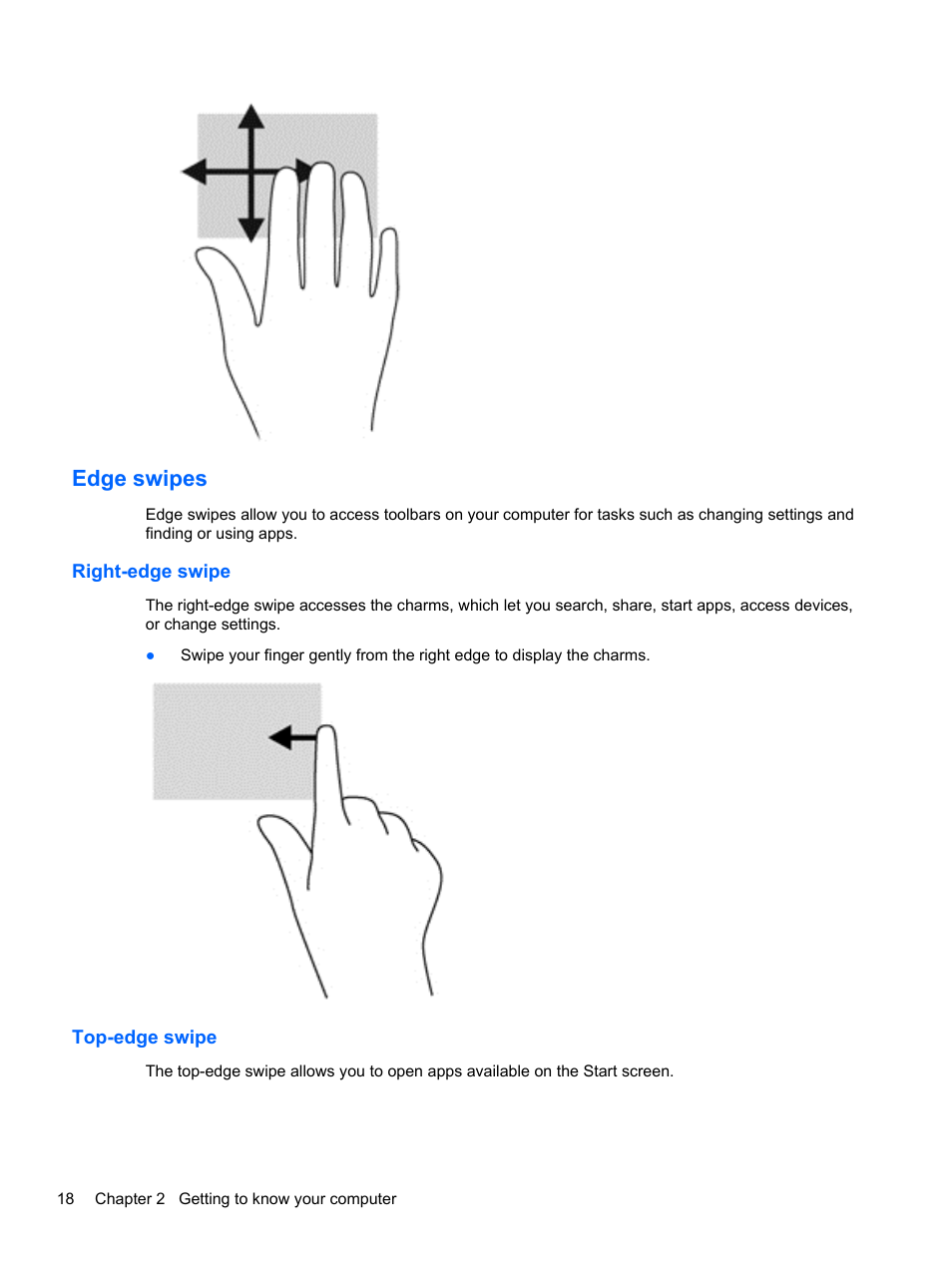 Edge swipes, Right-edge swipe, Top-edge swipe | Right-edge swipe top-edge swipe | HP ENVY x2 CTO 11t-g000 User Manual | Page 26 / 79