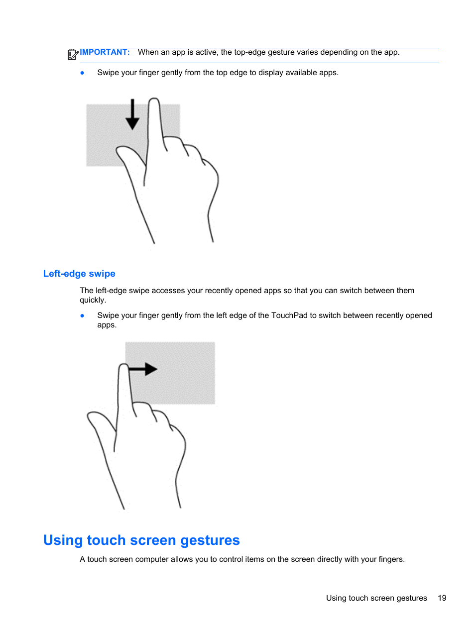 Left-edge swipe, Using touch screen gestures | HP ENVY x2 CTO 11t-g000 User Manual | Page 27 / 79