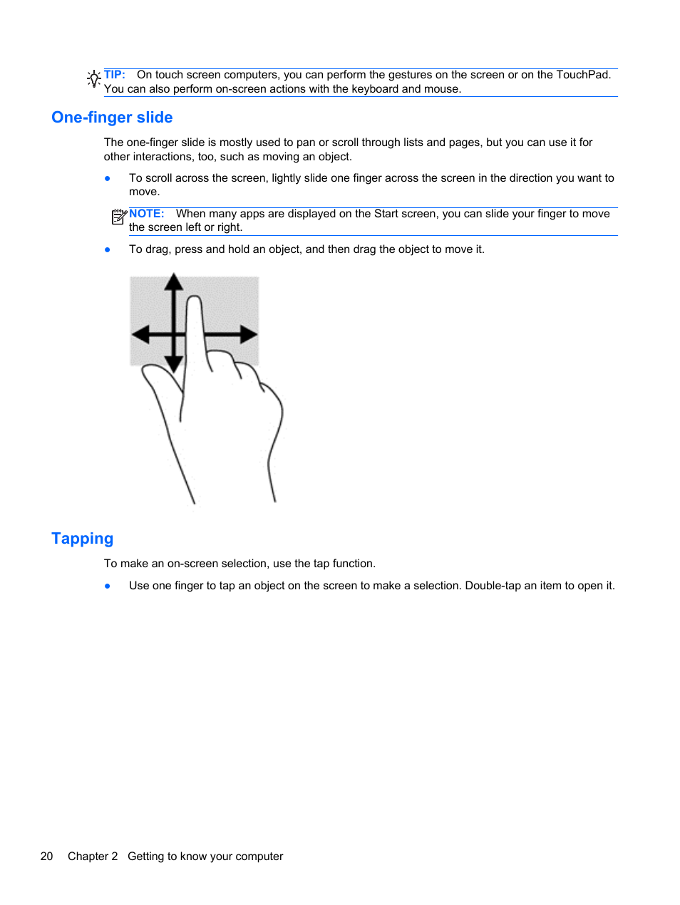 One-finger slide, Tapping, One-finger slide tapping | HP ENVY x2 CTO 11t-g000 User Manual | Page 28 / 79