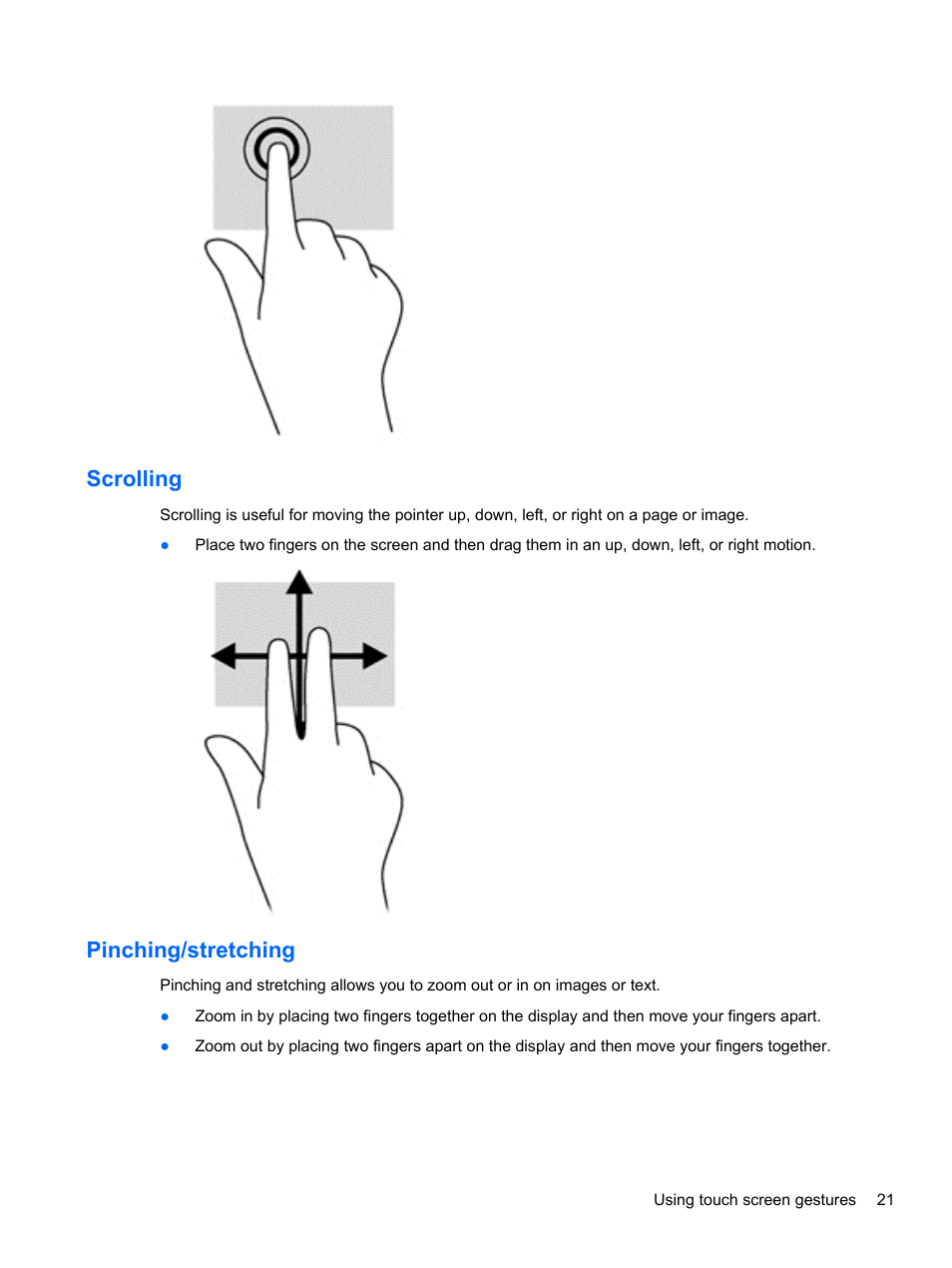 Scrolling, Pinching/stretching, Scrolling pinching/stretching | HP ENVY x2 CTO 11t-g000 User Manual | Page 29 / 79