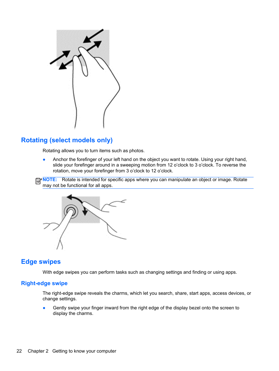 Rotating (select models only), Edge swipes, Right-edge swipe | Rotating (select models only) edge swipes | HP ENVY x2 CTO 11t-g000 User Manual | Page 30 / 79