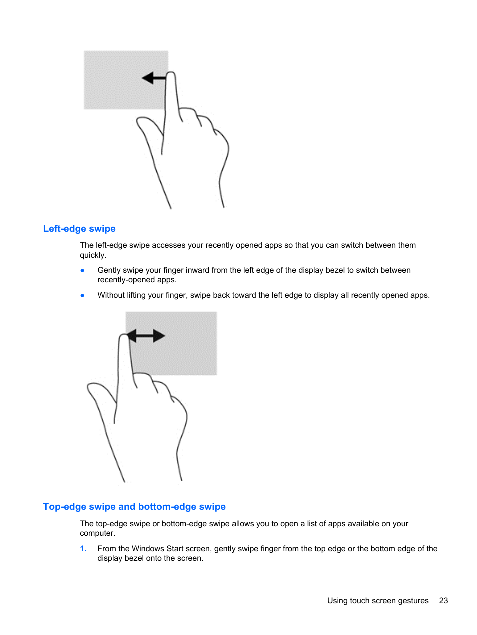 Left-edge swipe, Top-edge swipe and bottom-edge swipe | HP ENVY x2 CTO 11t-g000 User Manual | Page 31 / 79