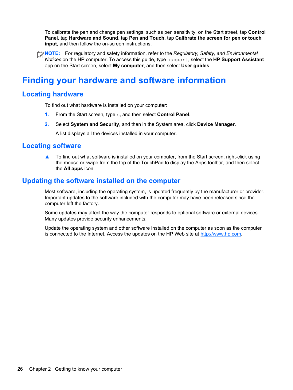 Finding your hardware and software information, Locating hardware, Locating software | Updating the software installed on the computer | HP ENVY x2 CTO 11t-g000 User Manual | Page 34 / 79