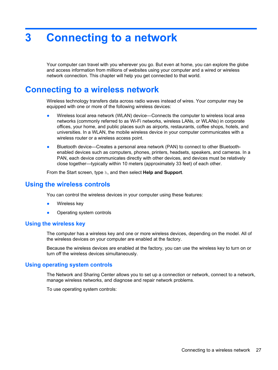 Connecting to a network, Connecting to a wireless network, Using the wireless controls | Using the wireless key, Using operating system controls, 3 connecting to a network, Connecting, 3connecting to a network | HP ENVY x2 CTO 11t-g000 User Manual | Page 35 / 79