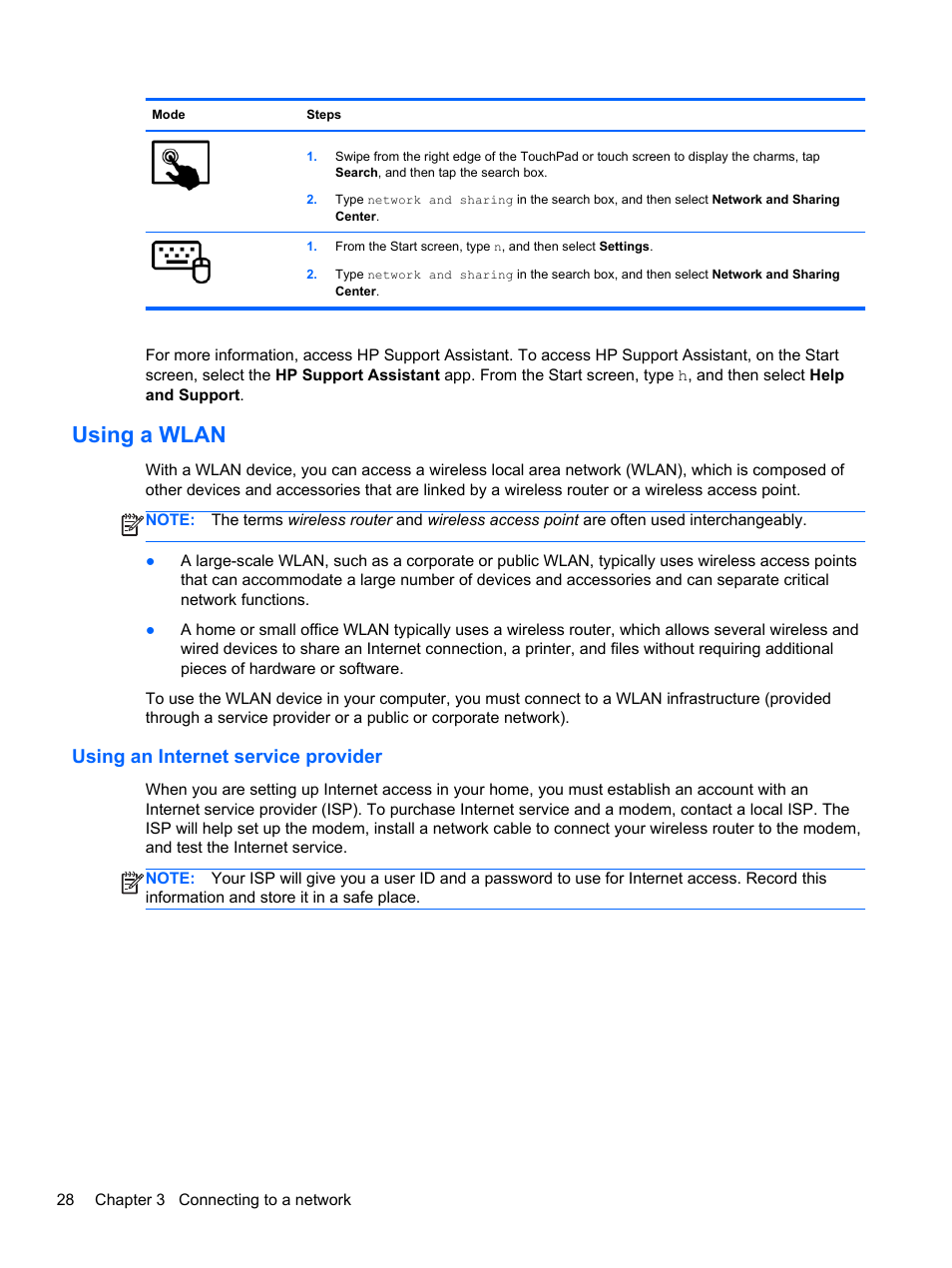 Using a wlan, Using an internet service provider | HP ENVY x2 CTO 11t-g000 User Manual | Page 36 / 79