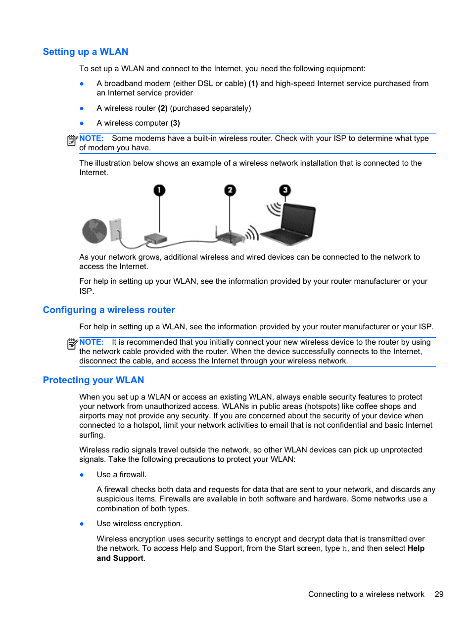 Setting up a wlan, Configuring a wireless router, Protecting your wlan | HP ENVY x2 CTO 11t-g000 User Manual | Page 37 / 79