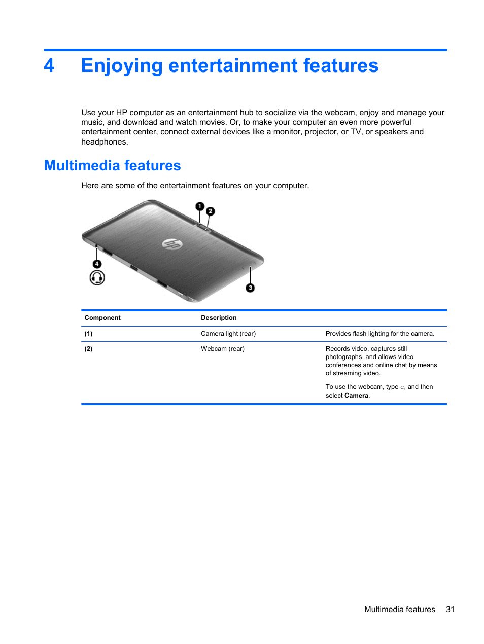 Enjoying entertainment features, Multimedia features, 4 enjoying entertainment features | 4enjoying entertainment features | HP ENVY x2 CTO 11t-g000 User Manual | Page 39 / 79