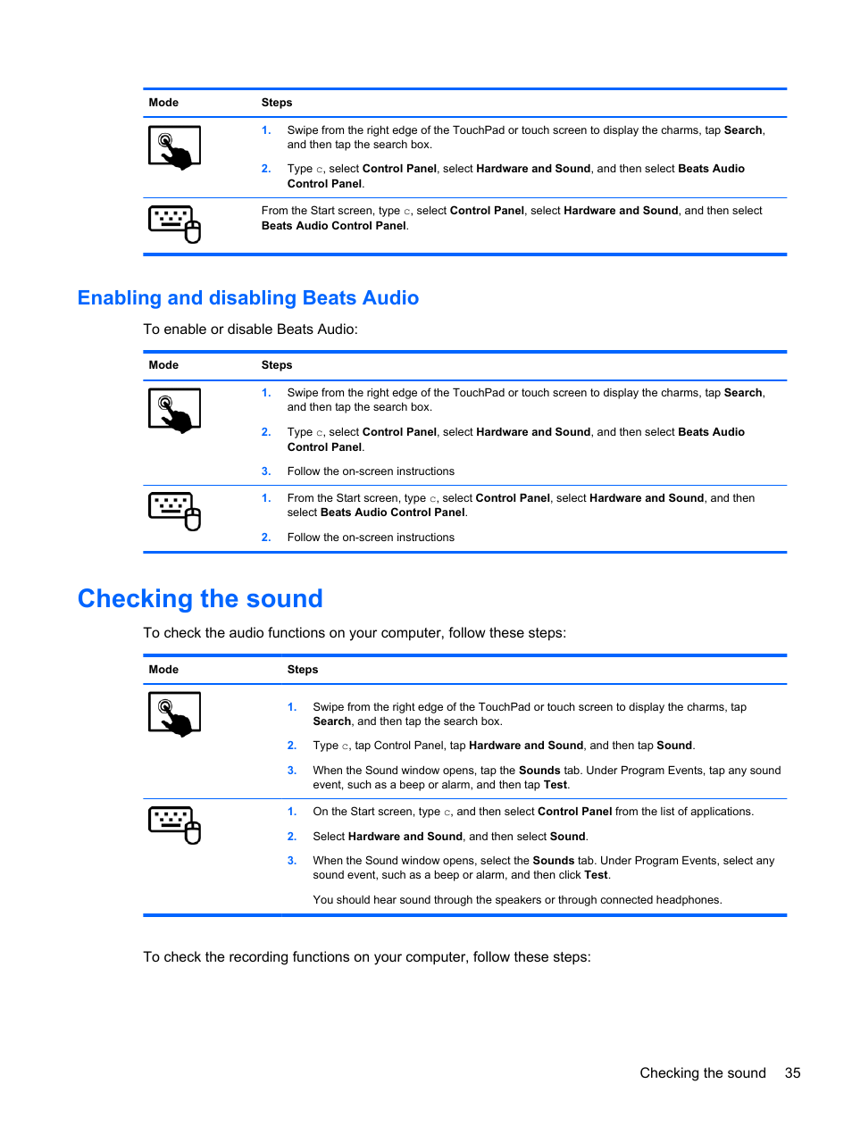 Enabling and disabling beats audio, Checking the sound | HP ENVY x2 CTO 11t-g000 User Manual | Page 43 / 79