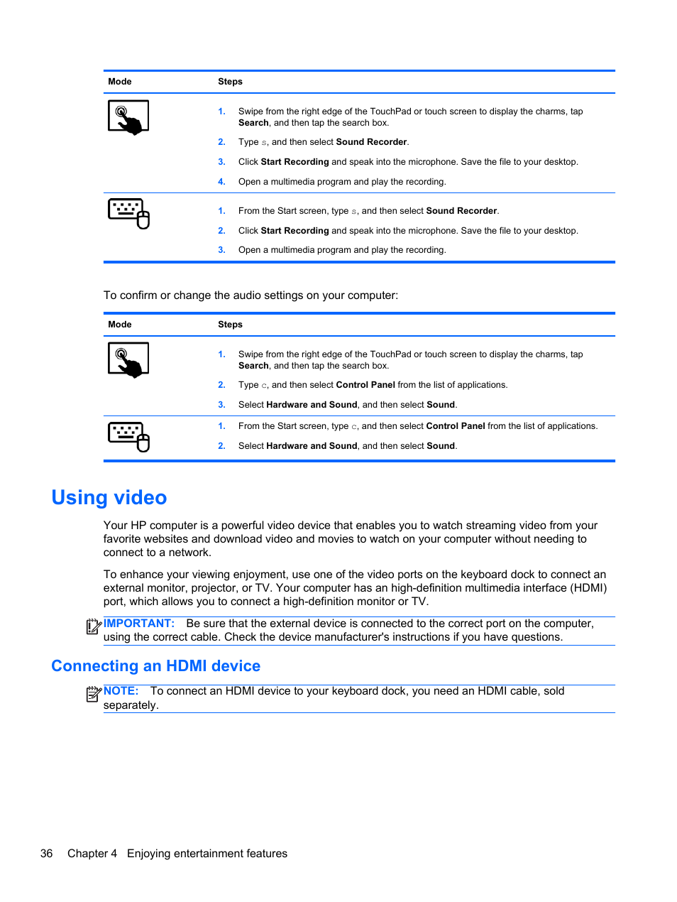 Using video, Connecting an hdmi device, Connecting | HP ENVY x2 CTO 11t-g000 User Manual | Page 44 / 79