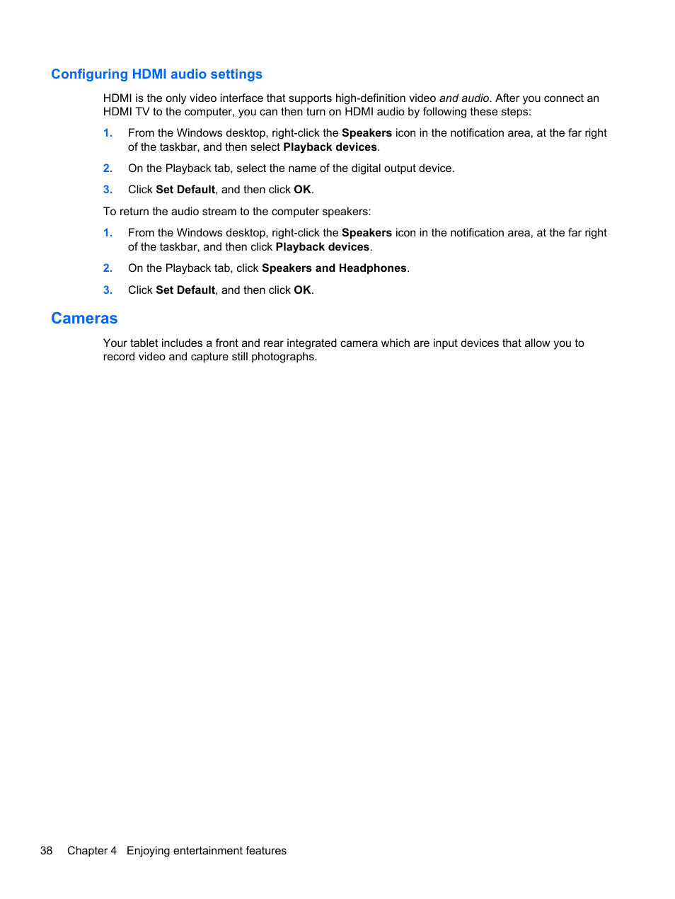 Configuring hdmi audio settings, Cameras | HP ENVY x2 CTO 11t-g000 User Manual | Page 46 / 79