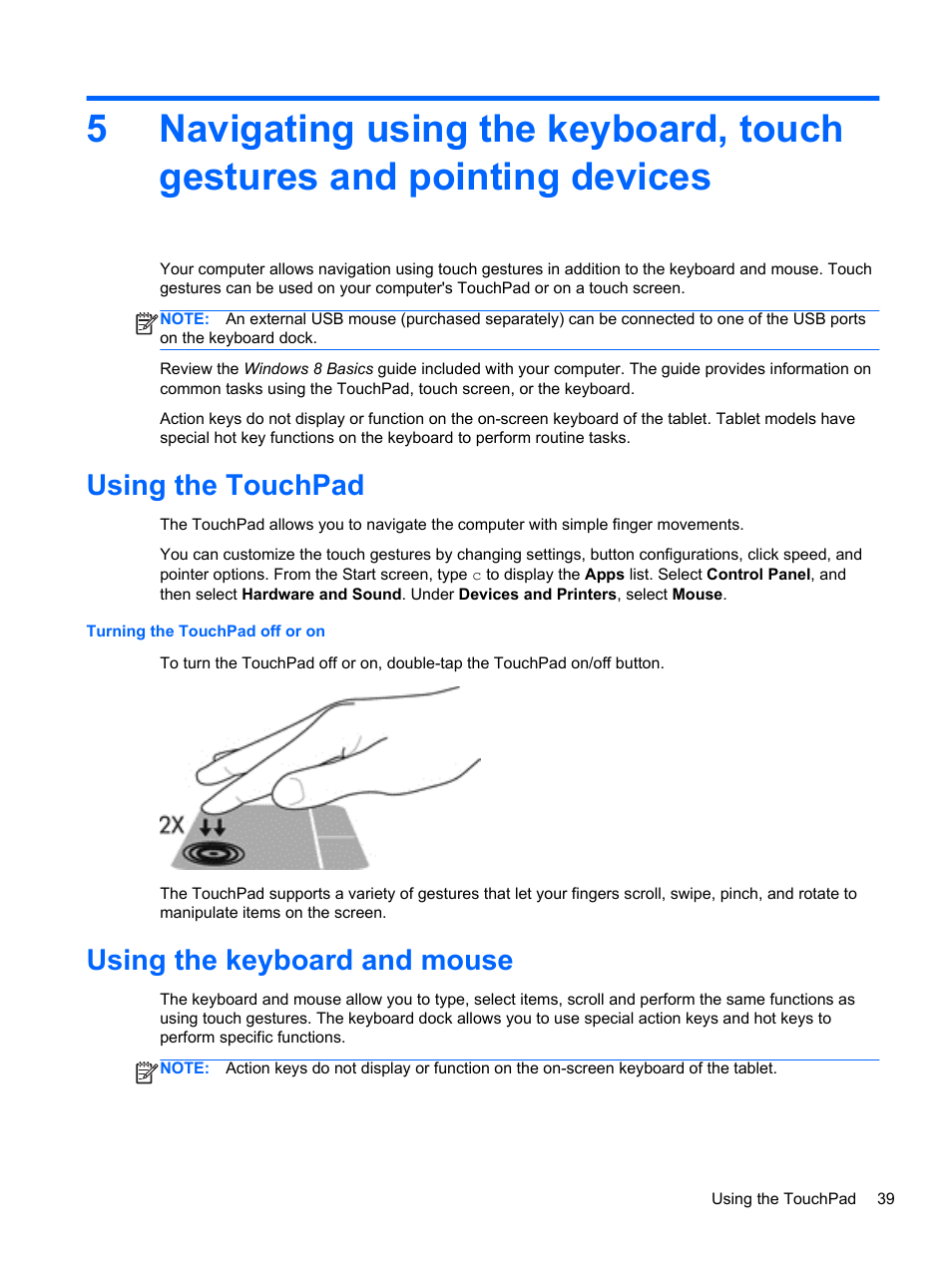 Using the touchpad, Using the keyboard and mouse, Using the touchpad using the keyboard and mouse | HP ENVY x2 CTO 11t-g000 User Manual | Page 47 / 79