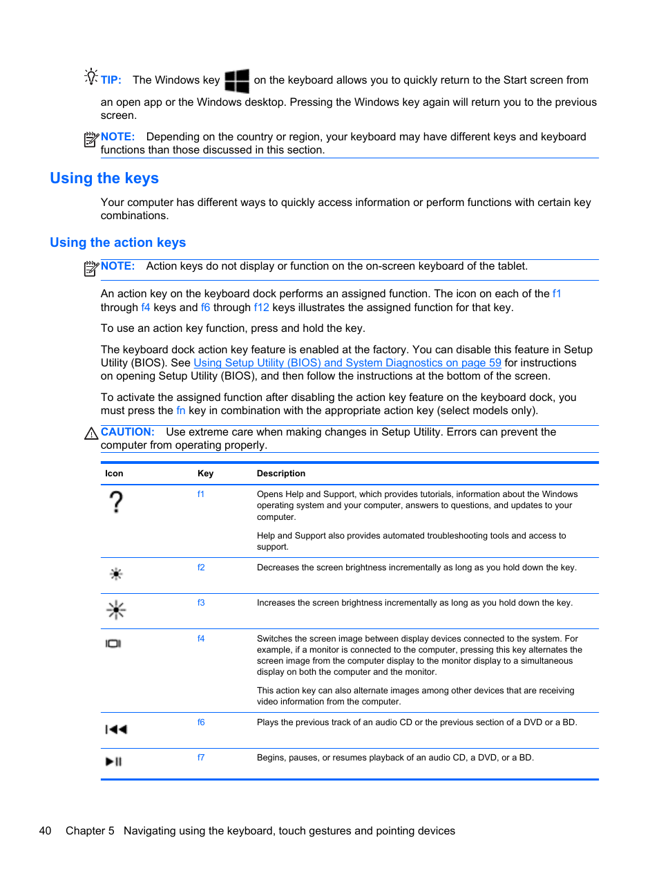 Using the keys, Using the action keys | HP ENVY x2 CTO 11t-g000 User Manual | Page 48 / 79