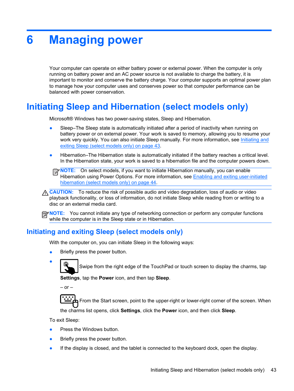 Managing power, Initiating and exiting sleep (select models only), 6 managing power | 6managing power | HP ENVY x2 CTO 11t-g000 User Manual | Page 51 / 79