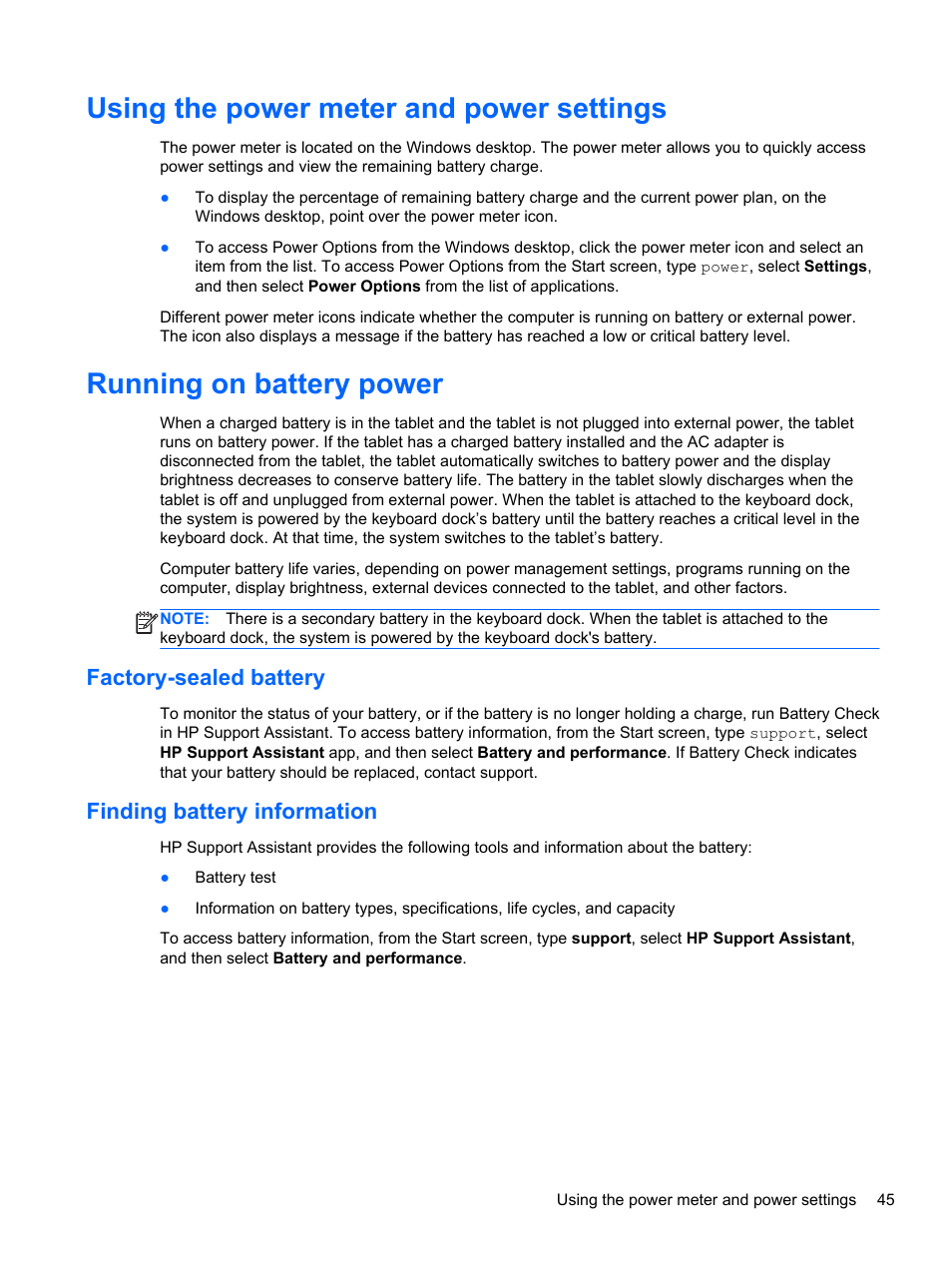 Using the power meter and power settings, Running on battery power, Factory-sealed battery | Finding battery information, Factory-sealed battery finding battery information | HP ENVY x2 CTO 11t-g000 User Manual | Page 53 / 79