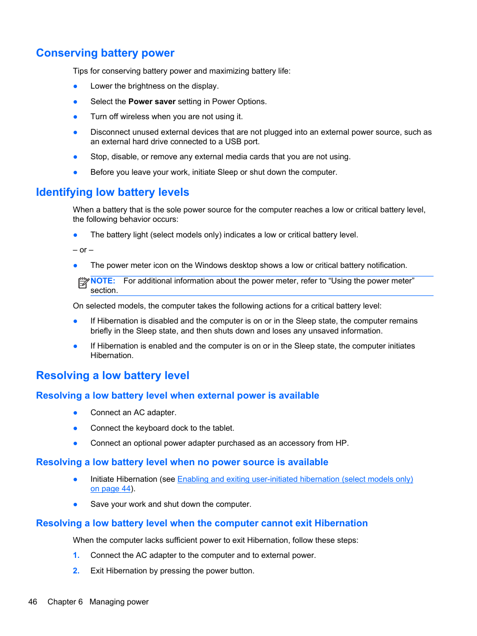 Conserving battery power, Identifying low battery levels, Resolving a low battery level | HP ENVY x2 CTO 11t-g000 User Manual | Page 54 / 79