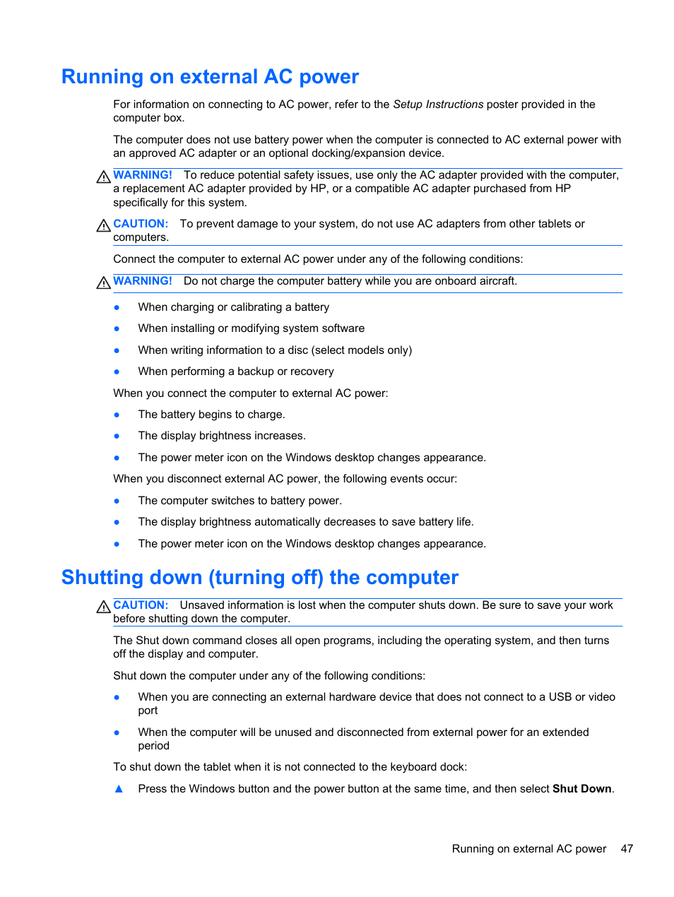 Running on external ac power, Shutting down (turning off) the computer | HP ENVY x2 CTO 11t-g000 User Manual | Page 55 / 79