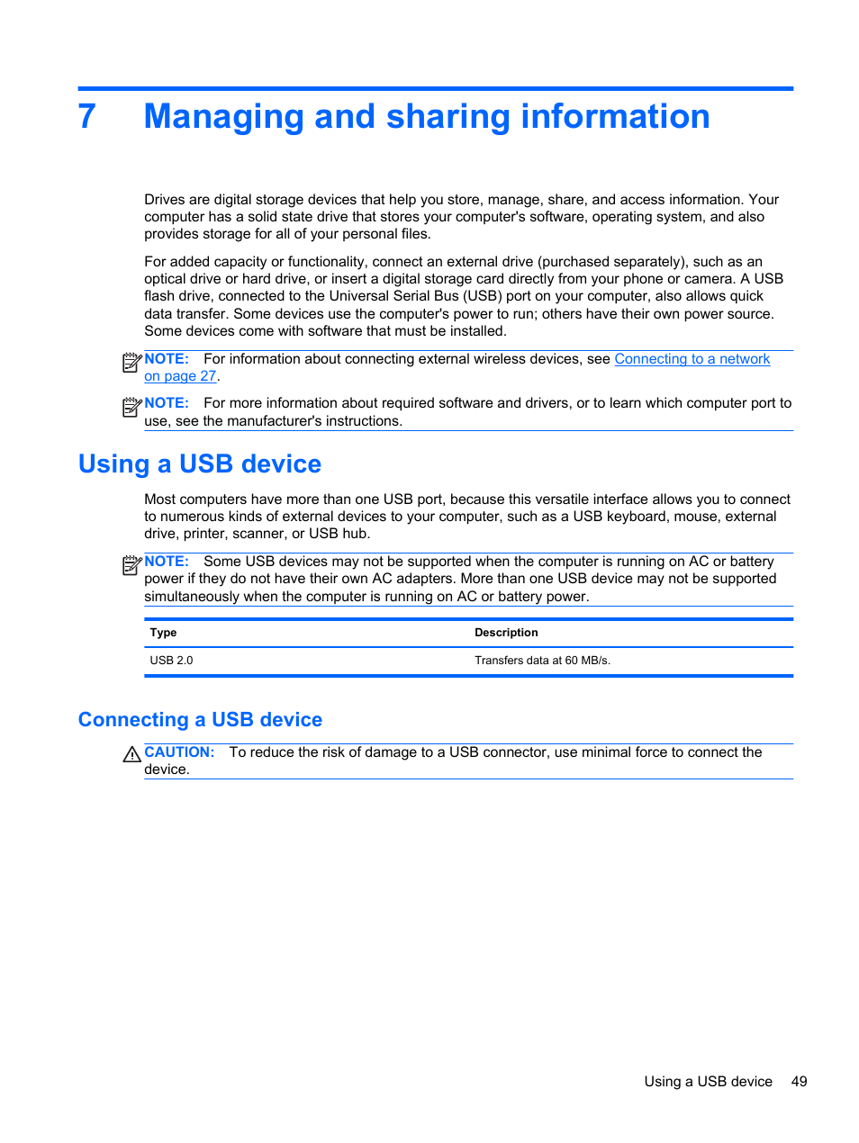 Managing and sharing information, Using a usb device, Connecting a usb device | 7 managing and sharing information, 7managing and sharing information | HP ENVY x2 CTO 11t-g000 User Manual | Page 57 / 79