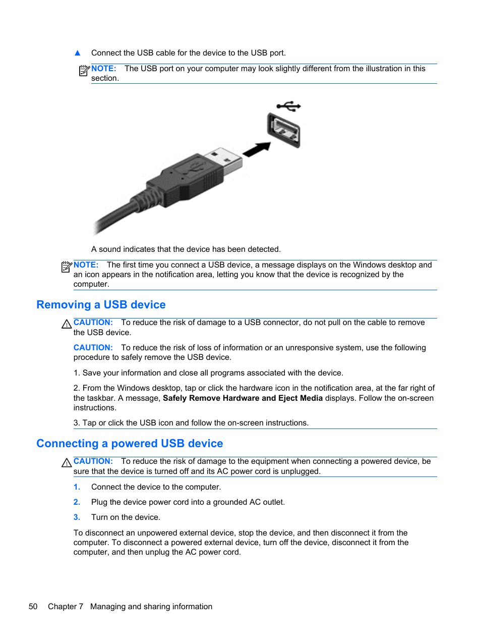 Removing a usb device, Connecting a powered usb device | HP ENVY x2 CTO 11t-g000 User Manual | Page 58 / 79