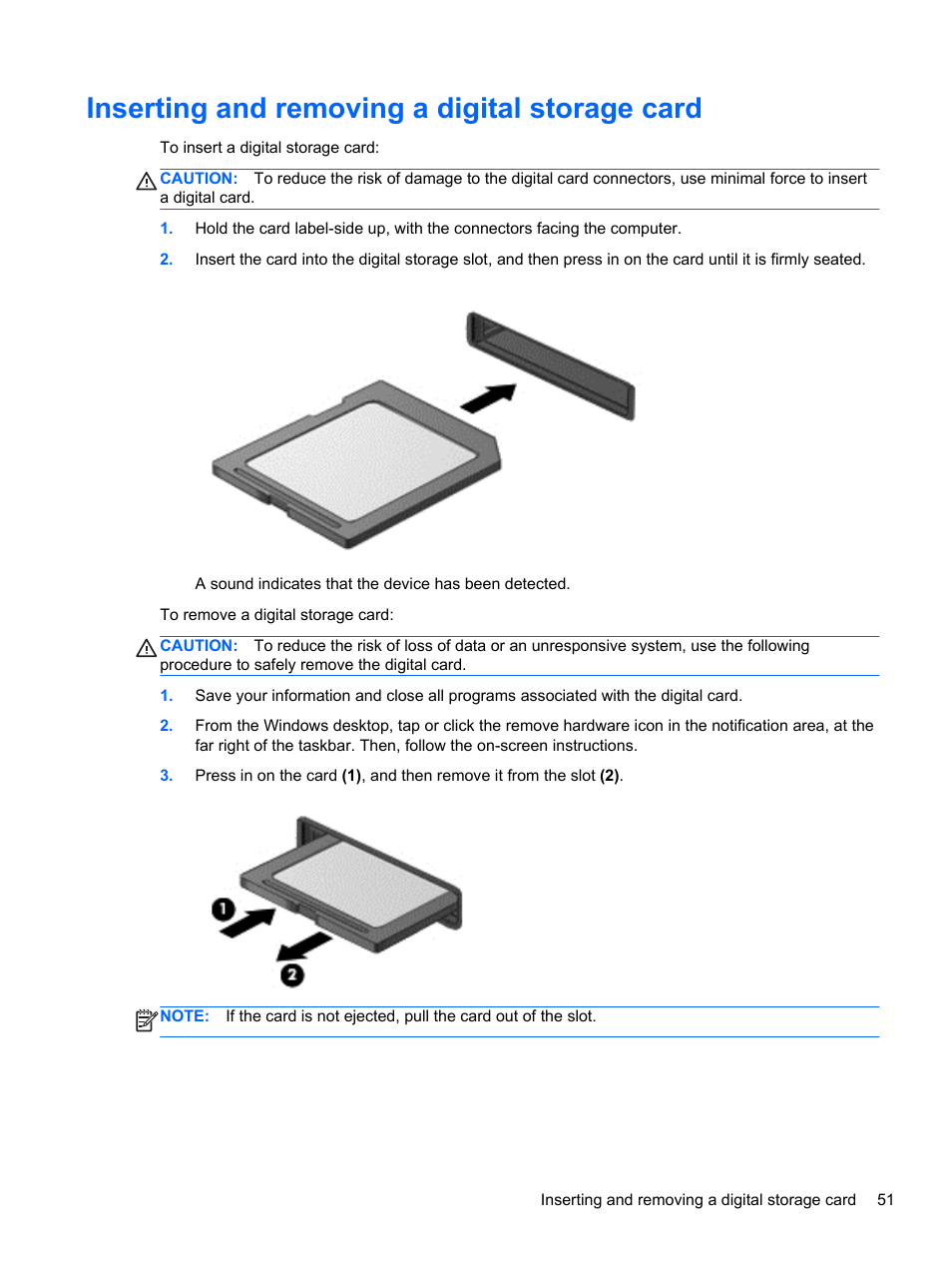 Inserting and removing a digital storage card | HP ENVY x2 CTO 11t-g000 User Manual | Page 59 / 79