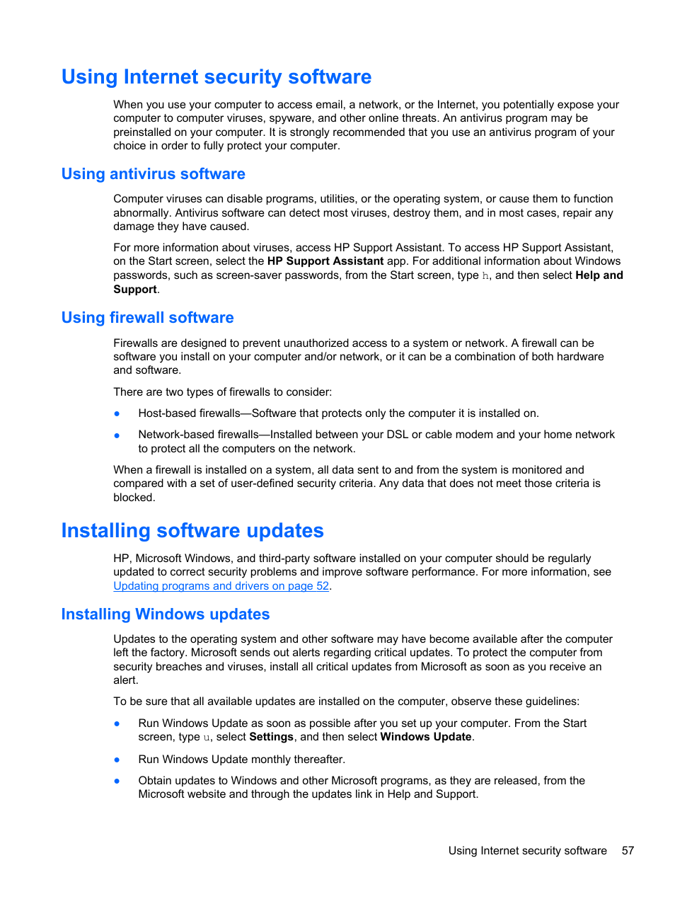 Using internet security software, Using antivirus software, Using firewall software | Installing software updates, Installing windows updates, Using antivirus software using firewall software | HP ENVY x2 CTO 11t-g000 User Manual | Page 65 / 79