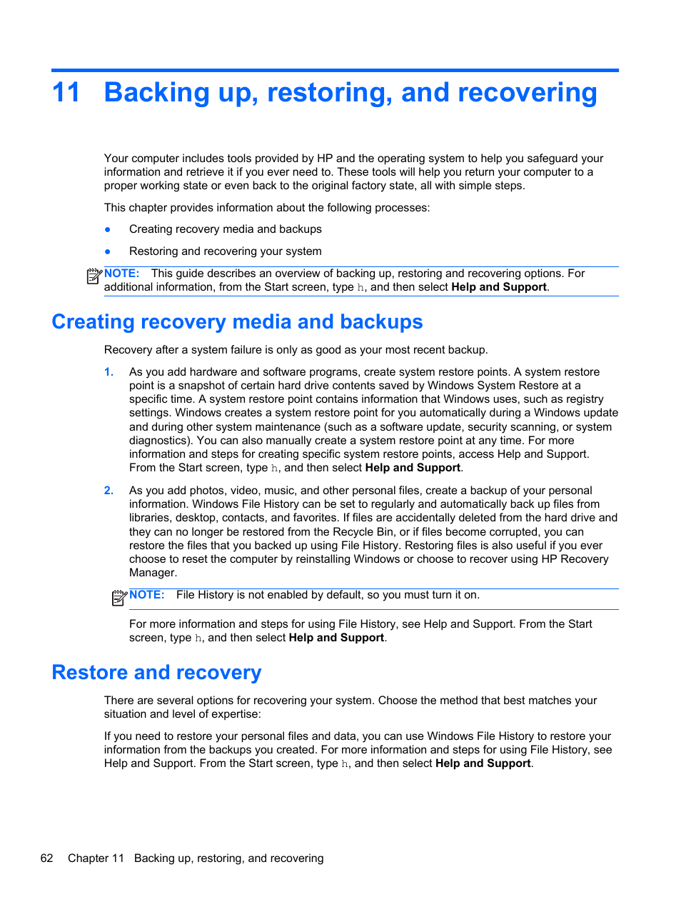 Backing up, restoring, and recovering, Creating recovery media and backups, Restore and recovery | 11 backing up, restoring, and recovering | HP ENVY x2 CTO 11t-g000 User Manual | Page 70 / 79