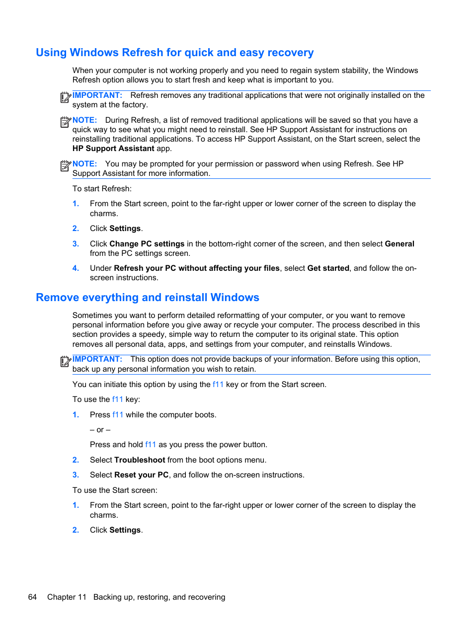 Using windows refresh for quick and easy recovery, Remove everything and reinstall windows | HP ENVY x2 CTO 11t-g000 User Manual | Page 72 / 79