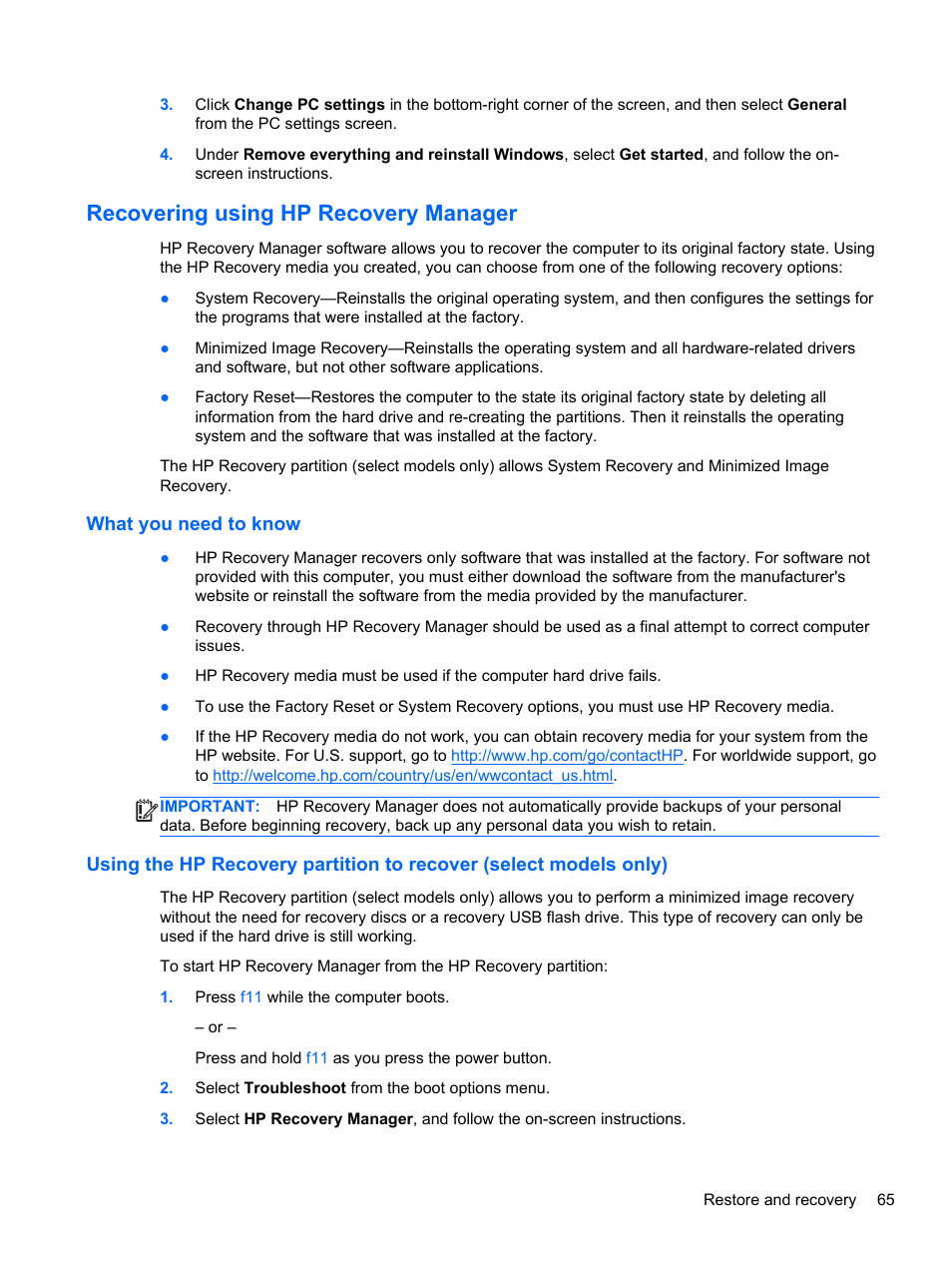 Recovering using hp recovery manager, What you need to know | HP ENVY x2 CTO 11t-g000 User Manual | Page 73 / 79