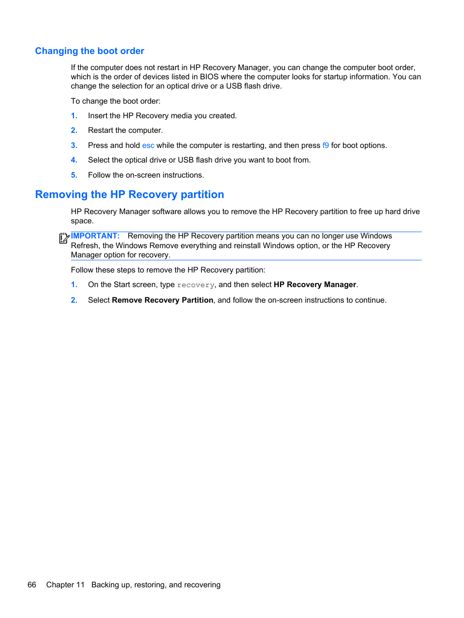 Changing the boot order, Removing the hp recovery partition | HP ENVY x2 CTO 11t-g000 User Manual | Page 74 / 79