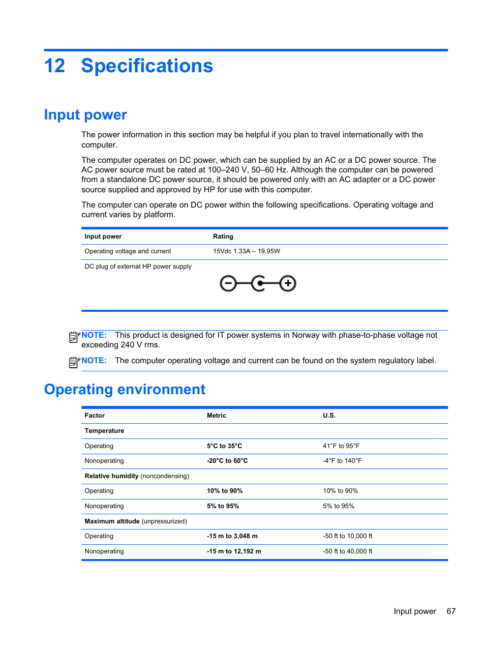 Specifications, Input power, Operating environment | 12 specifications, Input power operating environment | HP ENVY x2 CTO 11t-g000 User Manual | Page 75 / 79