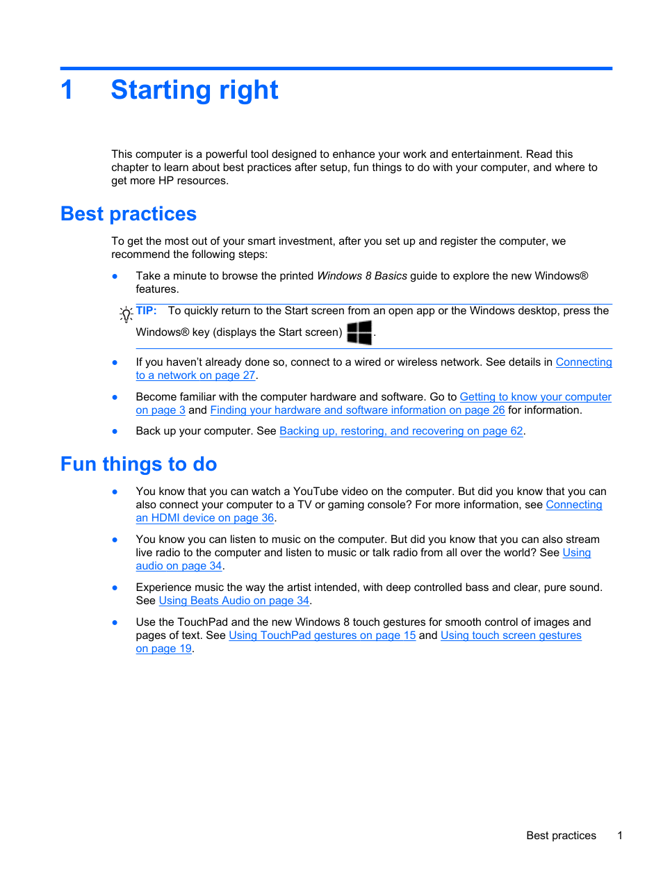 Starting right, Best practices, Fun things to do | 1 starting right, Best practices fun things to do, 1starting right | HP ENVY x2 CTO 11t-g000 User Manual | Page 9 / 79