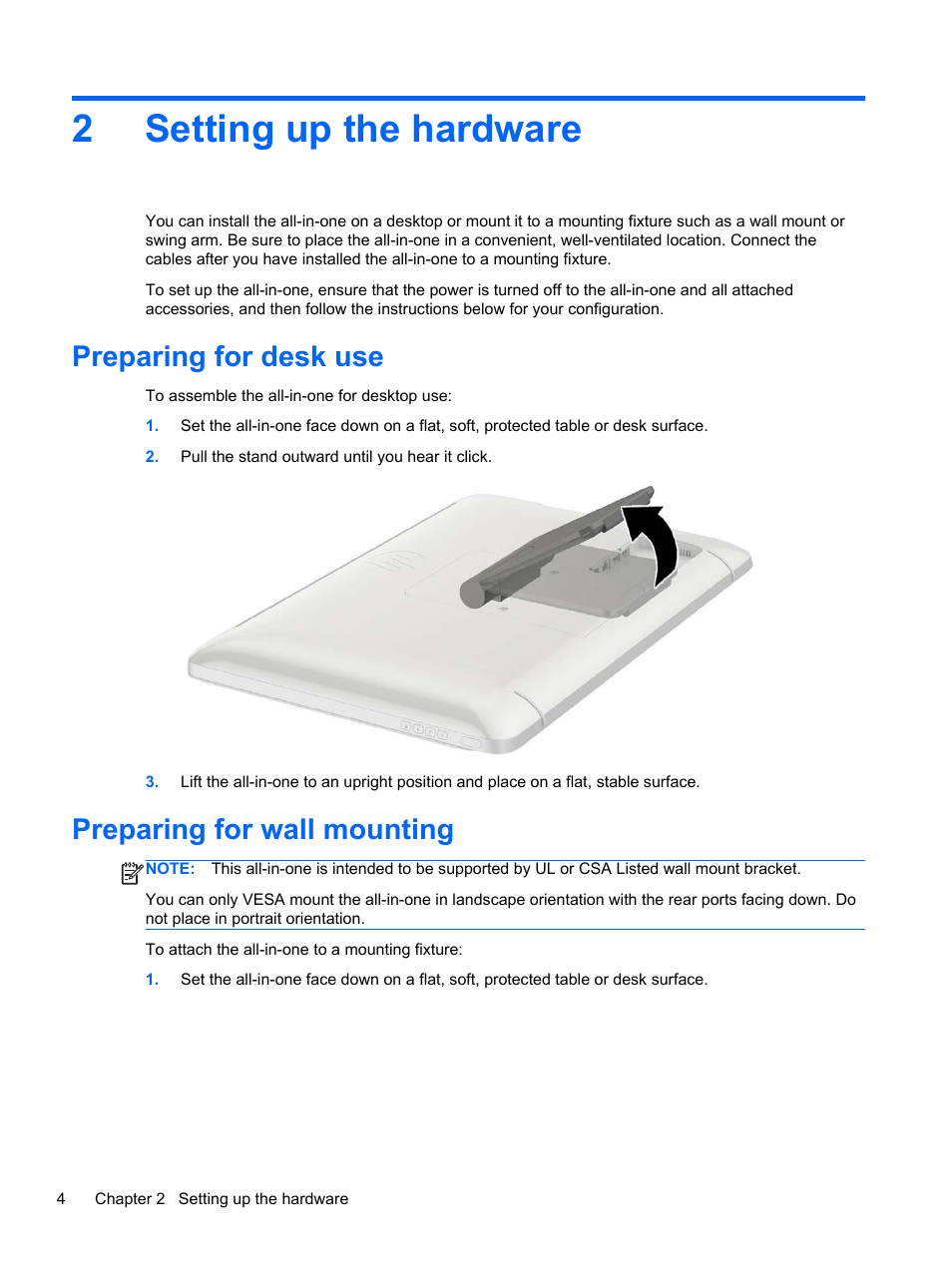 Setting up the hardware, Preparing for desk use, Preparing for wall mounting | 2 setting up the hardware, Preparing for desk use preparing for wall mounting, 2setting up the hardware | HP Slate 21-s100 All-in-One User Manual | Page 10 / 40