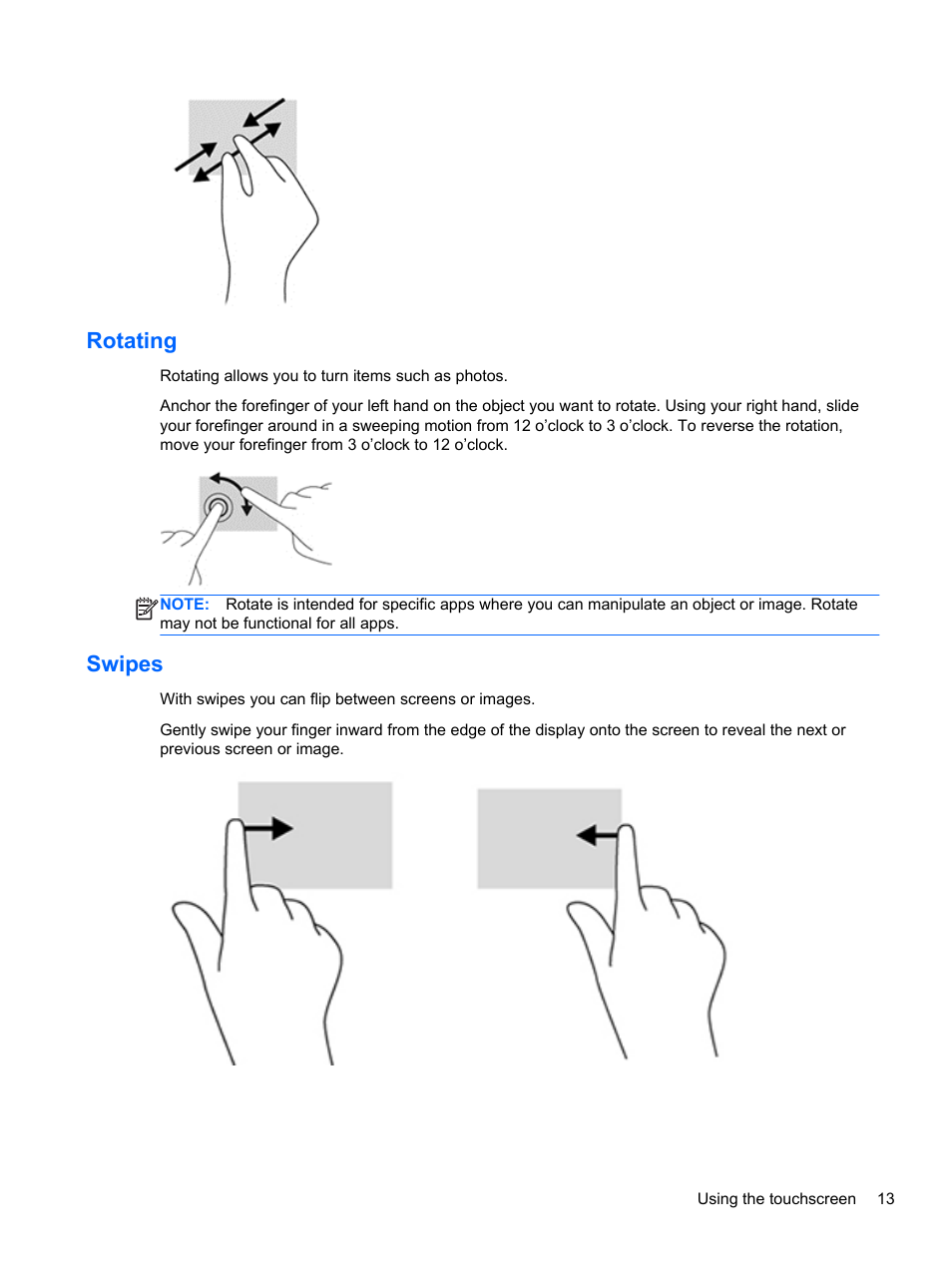 Rotating, Swipes, Rotating swipes | HP Slate 21-s100 All-in-One User Manual | Page 19 / 40