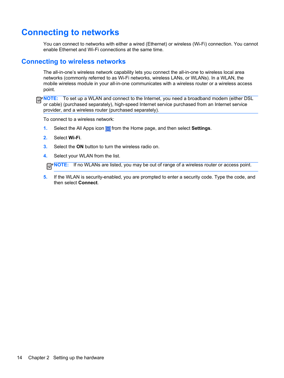 Connecting to networks, Connecting to wireless networks | HP Slate 21-s100 All-in-One User Manual | Page 20 / 40