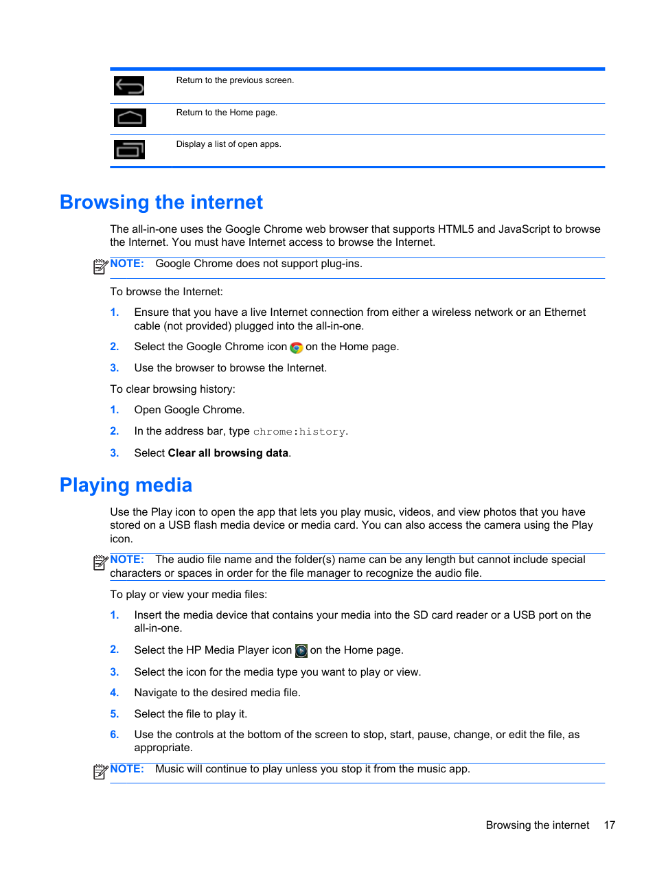 Browsing the internet, Playing media, Browsing the internet playing media | HP Slate 21-s100 All-in-One User Manual | Page 23 / 40